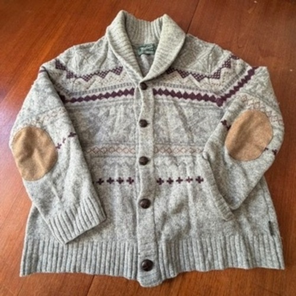 Woolrich Grey Fair Isle Shawl Collar Cardigan Sweater Elbow Patches L Grandpa